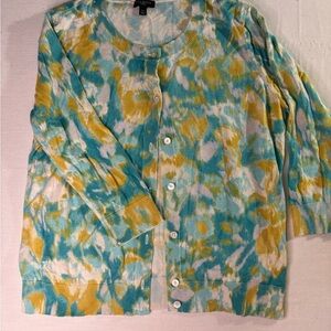 Talbots 3/4 sleeve Blue and Yellow cardigan Vibrant Style large petit